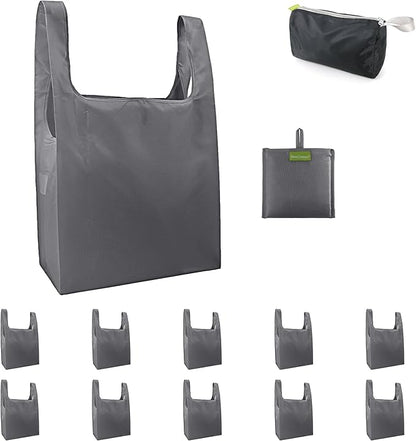 BeeGreen Grey Reusable Grocery Bags with Zipper Storage Pouch 10 Packs Gray Reusable Shopping Bags Bulk Foldable-Machine Washable