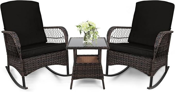 3 pcs Rocking Bistro Set Conversation Chairs PE Wicker Outdoor Rocking Chairs & by Enjoyyourlife