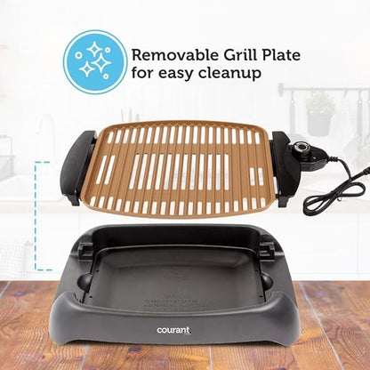 Courant smokeless indoor Electric grill, Copper Non-stick Coating Extra Large and Adjustable Temperature Control, Grill BBQ, Table Top Indoor Grill