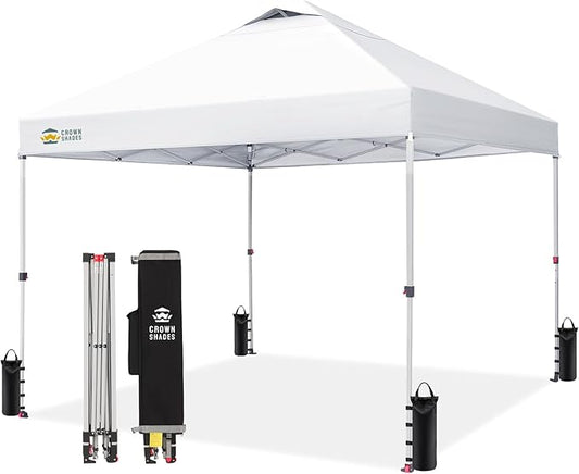 CROWN SHADES 12x12 Pop Up Canopy Outside Canopy, Patented One Push Tent Canopy with Wheeled Carry Bag, Bonus 8 Stakes and 4 Ropes, White