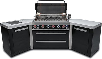 Mont Alpi MAi805-BSS45 44-inch 6-Burner 115000 BTU 45 Degree Black Stainless Steel Gas Outdoor Kitchen Bar Island Grill w/Infrared Side & Rear Burners + Granite Countertops + Storage Drawers