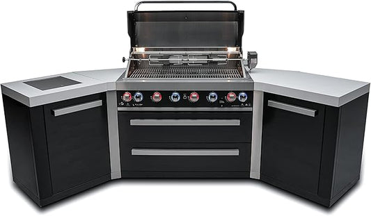 Mont Alpi MAi805-BSS45 44-inch 6-Burner 115000 BTU 45 Degree Black Stainless Steel Gas Outdoor Kitchen Bar Island Grill w/Infrared Side & Rear Burners + Granite Countertops + Storage Drawers