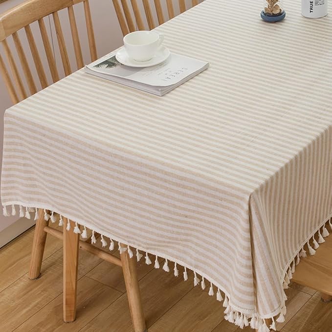 TruDelve Cotton Table Cloth Square Tables Beige Striped Tablecloths Fall Outdoor Tablecloth for Picnic Table Cover (Beige,55"x55",Square)