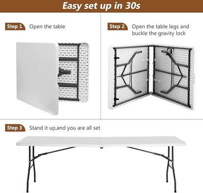 FDW Folding Half Portable Foldable Table for Parties Backyard Events (White, 6 FT 70 * 29) (White, 8 FT)