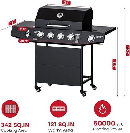 4-Burner Propane Gas Grill with Side Burner, 50,000 BTU Gas BBQ Grill with Stainless Steel Grates,Easy-Clean Grease, Side Tablesfor Patio, Camping, Backyard