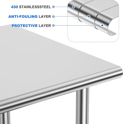 Stainless Steel Table for Prep & Work, 30x60 Inches, NSF Metal Commercial Heavy Duty Table with Adjustable Under Shelf and Foot for Restaurant, Home and Hotel
