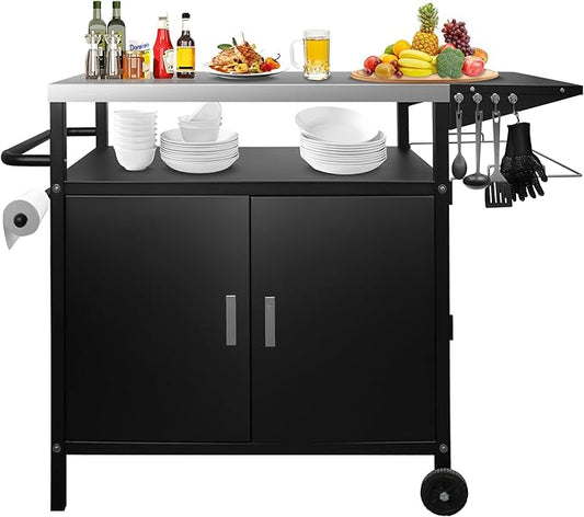 35" H Outdoor Grill Cart- Outdoor BBQ Prep Table, Lockable Wheels & Magnetic Cabinet for Patio, Backyard, Tailgating
