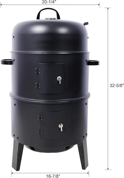17 Inch Charcoal Smoker Grill, Heavy Duty Vertical BBQ Smoker with Thermometer, Dual Access Doors, Adjustable Air Vent, Outdoor Steel Grill for Smoking & Grilling
