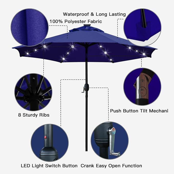 Sunnyglade 9' Solar LED Patio Umbrella, 8 Ribs, Tilt & Crank | 9Ft Patio - Image 2