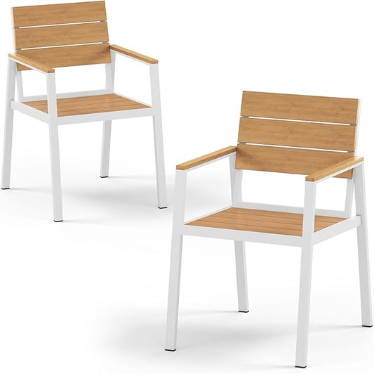 Outdoor Patio Dining Chairs Set of 2, Aluminum & HDPS All-Weather for Deck, Lawn, Backyard, Pool and Indoor Use (White & Teak)