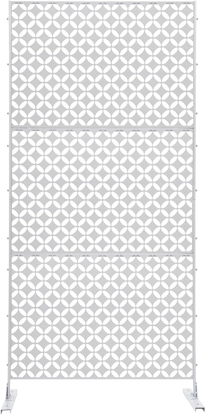 75" H×35" W Decorative Outdoor Privacy Screen with Stand, Outdoor Decor Privacy Fence Screen Metal Fence Panels, Free Standing Metal Divider for Patio Lawn Deck (White-Circle)