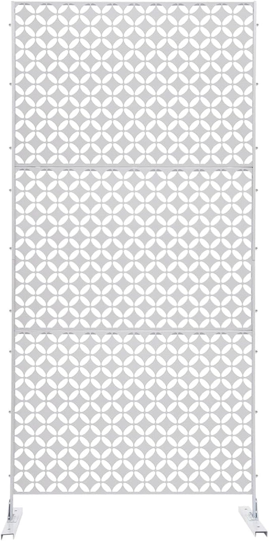75" H×35" W Decorative Outdoor Privacy Screen with Stand, Outdoor Decor Privacy Fence Screen Metal Fence Panels, Free Standing Metal Divider for Patio Lawn Deck (White-Circle)