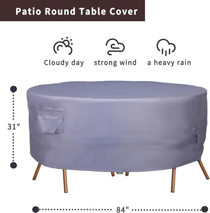 Round Patio Furniture Cover, Heavy Duty and Waterproof for Outdoor Furniture covers, Round outdoor table cover, Patio table cover 84"DIA x 31"H Grey