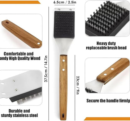 Blue Smoke Grill Brush and Scraper – Heavy Duty BBQ Cleaner with Stainless Steel Bristles, Solid Wooden Handle & Leather Strap – Barbecue Cleaning Tool for Gas, Charcoal, Smoker & Grill Grates