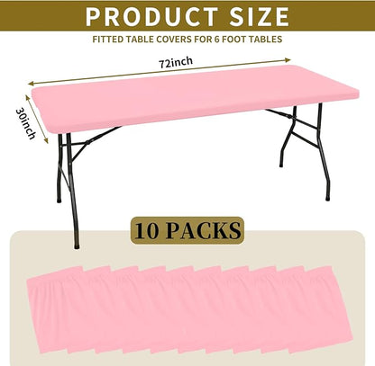 10 Pack Fitted Tablecloth for 6 Foot Rectangle Tables, Pink Elastic Outdoor Picnic Table Cover, Washable Stretch Folding Table Cloths 6 ft for Camping Party Patio Kitchen Banquet, 30" W x 72" L
