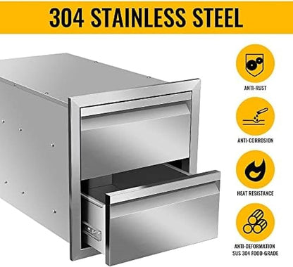 Pull Out Trash Drawer, Lower Sliding Rails Stainless Steel Roll Out Trash Bin Pull Out Tray With Handle For Outdoor Kitchen BBQ Island Grill Station,Double Drawers