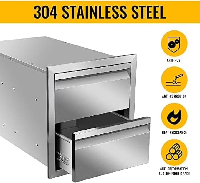Outdoor Kitchen Stainless Steel Triple Access BBQ Drawers With Handle For BBQ Island Patio Grill Station,Double Drawers