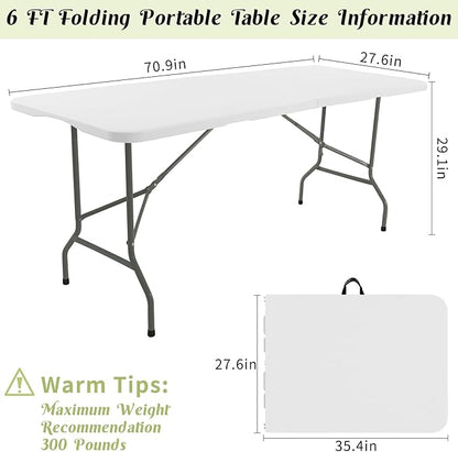 Fivenl 2 Pack 6 FT Folding Tables White Foldable Table, Fold-in-Half with Carrying Handle Portable Plastic Rectangular Table for Party, Dining, Wedding, Camping, Picnic, Indoor Outdoor Events