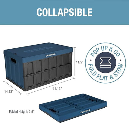 CleverMade Collapsible Storage Bins with Lids - Ocean 3 Pack 46L - Plastic Containers Stackable Organization Crates Home Closet Space-Saving Durable