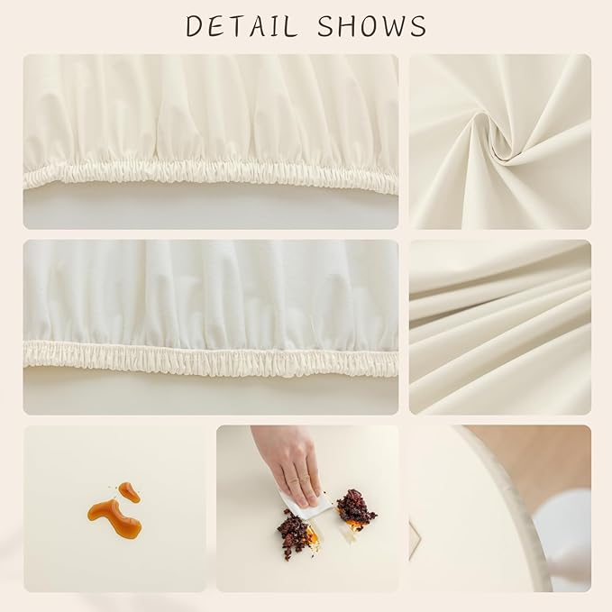 Round Fitted PU Tablecloth with High Elastic Edge 39 Inch Dia Waterproof Oil Proof Table Cloth Anti-Scald Stain-Resistant Wipeable Table Cover for Indoor Outdoor Picnic (Cream,39" Dia)