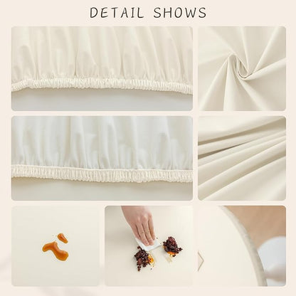 Round Fitted PU Tablecloth with High Elastic Edge 31 Inch Dia Waterproof Oil Proof Table Cloth Anti-Scald Stain-Resistant Wipeable Table Cover for Indoor Outdoor Picnic (Cream,31" Dia)