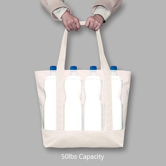 TOPDesign 1-Pack Canvas Tote Bag with an External Pocket, Reusable Grocery Shopping Bag, Top Zipper Closure, Daily Essentials (Natural)