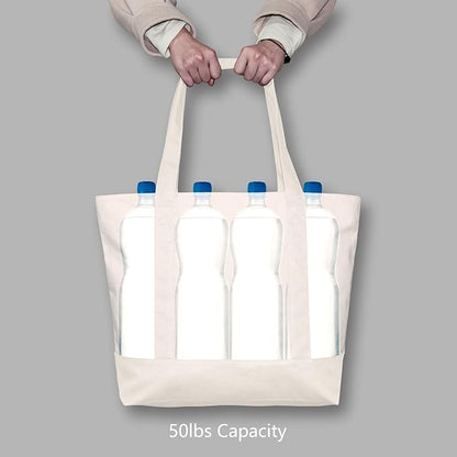 TOPDesign 1-Pack Canvas Tote Bag with an External Pocket, Reusable Grocery Shopping Bag, Top Zipper Closure, Daily Essentials (Natural)