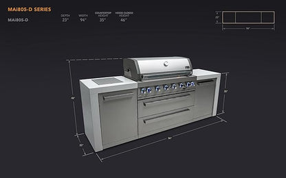 Mont Alpi 805 MAi805-D 6-Burner 115000 BTU Stainless Steel Outdoor Kitchen Island BBQ Gas Grill + 2 Infrared Side Burners Granite Countertops, Storage Drawers & Cabinets, Rotisserie Kit, Weather Cover