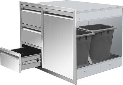 Outdoor Kitchen Drawer Combo, Stainless Steel Triple Drawers & 2 Trash Can Drawers, Enclosed Built-in Drawer Flush Mount For Outdoor Kitchens & BBQ Islands,G2