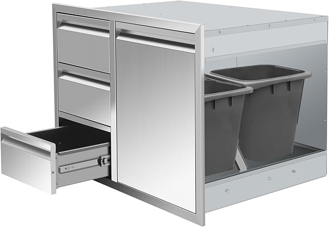 Outdoor Kitchen Drawer Combo, Stainless Steel Triple Drawers & 2 Trash Can Drawers,Enclosed Built-in Drawer Flush Mount For Outdoor Kitchens & BBQ Islands ﻿ ﻿,G2