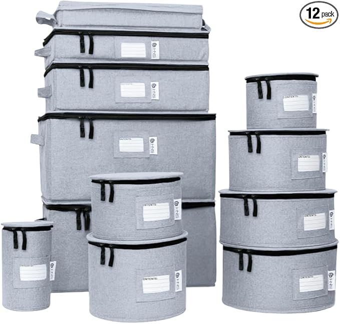 China Storage Hard Shell Containers 12-Piece Set Moving Boxes for Dinnerware, Glasses, Plates, Mugs and Saucers Sturdy Dish Organizer with Dividers for Seasonal Storage - Service for 12 - Grey