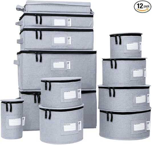 China Storage Hard Shell Containers 12-Piece Set Moving Boxes for Dinnerware, Glasses, Plates, Mugs and Saucers Sturdy Dish Organizer with Dividers for Seasonal Storage - Service for 12 - Grey