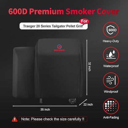 Comnova Grill Cover for Traeger Tailgater 20 Series - 600D Wood Pellet Smoker Cover for Traeger Waterproof & Heavy Duty, Pellet BBQ Cover for Treager 20 Series, Junior, Tailgater and Recteq 340 Grill