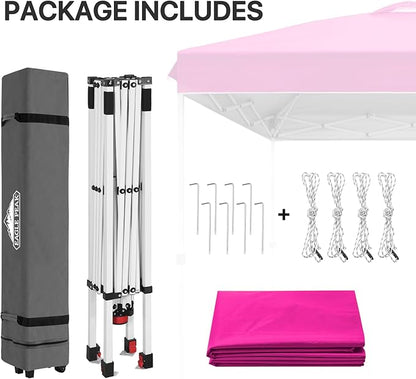 EAGLE PEAK Pop Up Canopy Tent with Wheeled Carry Bag, 8 Stakes, 4 Ropes, Easy Set Up Tent Canopy, 8x8 ft, Pink