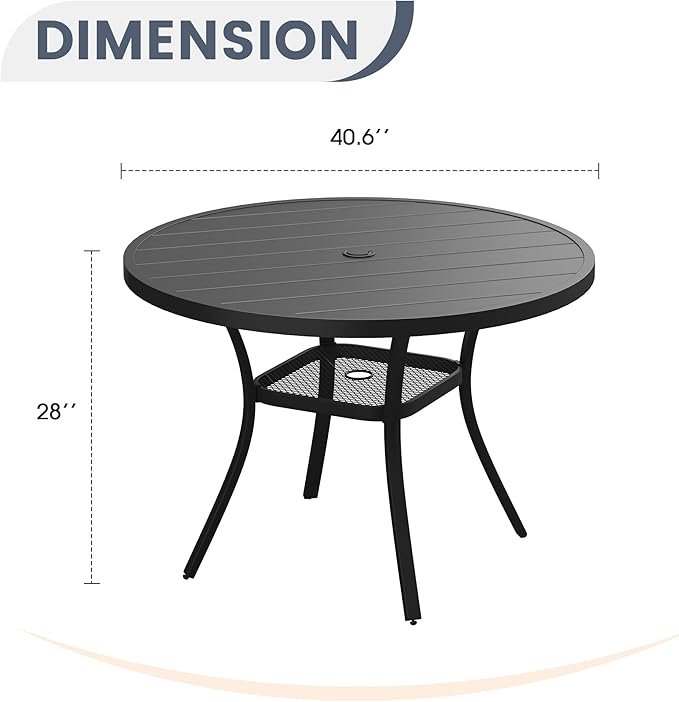 VICLLAX Round Patio Dining Table, 41 inch Metal Outdoor Dining Table with Umbrella Hole for Garden Lawn Balcony Deck, Dark Grey