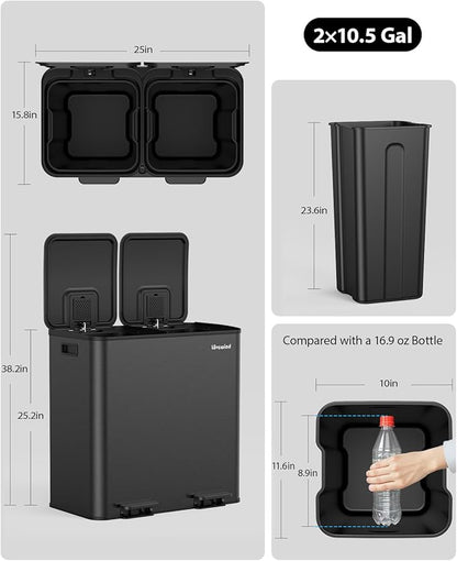 Lovewind Trash Can, 2 x 10.5 Gallon (2 x 40 L) Garbage Can for Kitchen Dual Compartment Recycling Kitchen Step Trash Bin, Stainless Steel Trash and Recycle Bin Combo with Soft-Close Lid, Black