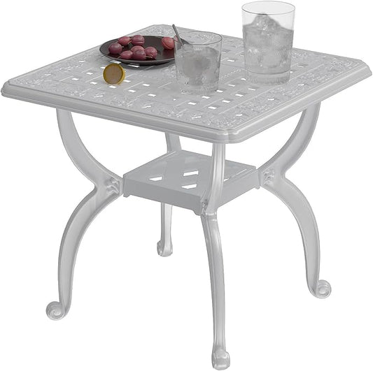 Cast Aluminum Outdoor Side Table, All Weather Square Bistro Table, Outdoor Coffee Table, Small End Table for Patio, Indoor, Lawn, Garden, White
