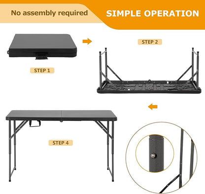 FDW 4FT Folding Table Half Portable Foldable Table Picnic Table for Office Home Camping Party (Black, 4 FT)
