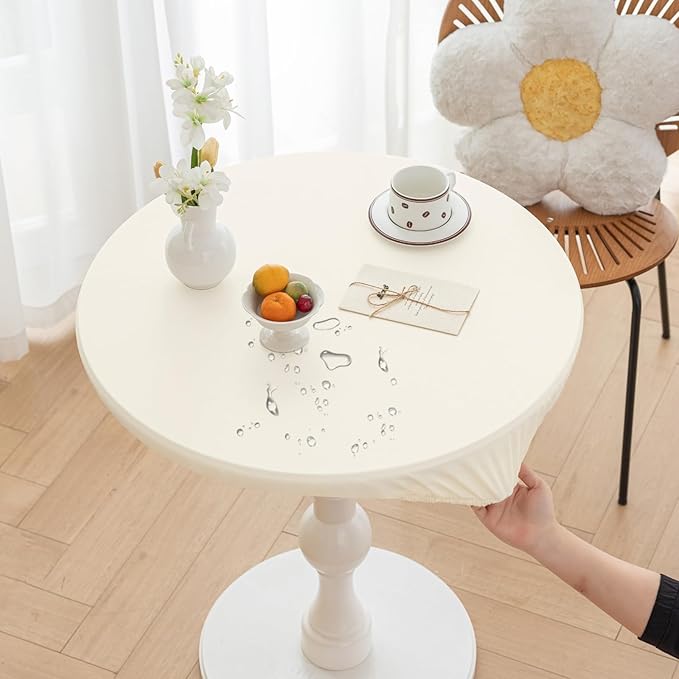 Round Fitted PU Tablecloth with High Elastic Edge 24 Inch Dia Waterproof Oil Proof Table Cloth Anti-Scald Stain-Resistant Wipeable Table Cover for Indoor Outdoor Picnic (Cream,24" Dia)