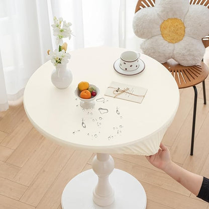 Round Fitted PU Tablecloth with High Elastic Edge 59 Inch Dia Waterproof Oil Proof Table Cloth Anti-Scald Stain-Resistant Wipeable Table Cover for Indoor Outdoor Picnic (Cream,59" Dia)