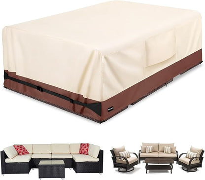 Rectangular Patio Furniture Covers,Upgraded 600D Heavy Duty Outdoor Furniture Covers Waterproof,Outdoor Sectional Dining Table and Chairs General Purpose Furniture Set Cover,111"L × 74"W × 28"H,Beige
