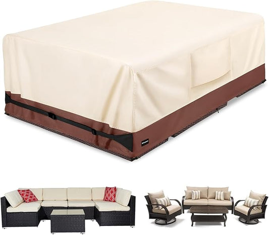 Rectangular Patio Furniture Covers,Upgraded 600D Heavy Duty Outdoor Furniture Covers Waterproof,Outdoor Sectional Dining Table and Chairs General Purpose Furniture Set Cover,111"L × 74"W × 28"H,Beige