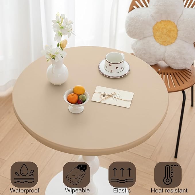 Round Fitted PU Tablecloth with High Elastic Edge 39 Inch Dia Waterproof Oil Proof Table Cloth Anti-Scald Stain-Resistant Wipeable Table Cover for Indoor Outdoor Picnic (Beige,39" Dia)