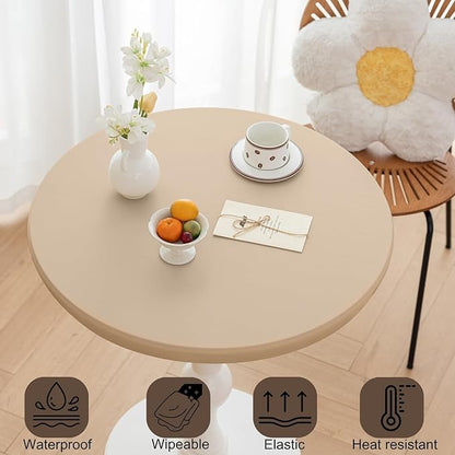 Round Fitted PU Tablecloth with High Elastic Edge 59 Inch Dia Waterproof Oil Proof Table Cloth Anti-Scald Stain-Resistant Wipeable Table Cover for Indoor Outdoor Picnic (Beige,59" Dia)