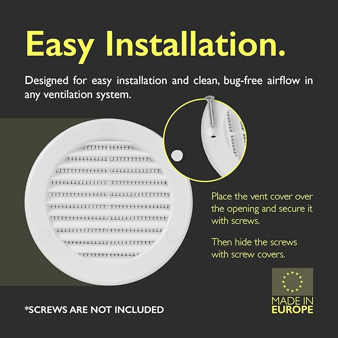 4 Inch [Opening] White Air Vent Cover – Pack of 5 – Plastic Round Air Vent Grill Cover for Wall or Ceiling, Built-in Mesh Screen/HVAC Return Air Register – Modern Louvered Design
