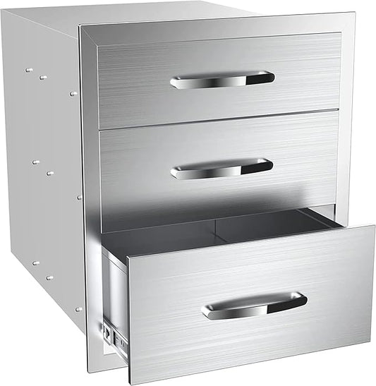 Outdoor Kitchen Stainless Steel Triple Access BBQ Drawers With Handle For BBQ Island Patio Grill Station,Three Drawers