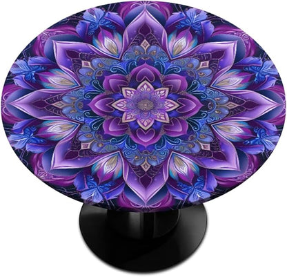 Mandrake Purple Blue Flower Round Table Cloth Cover, Elastic Edge Waterproof Wipeable Tablecloths 45"-56" Polyester Tablecloth for Party Restaurant Banquet Holiday Camping Outdoor Picnic