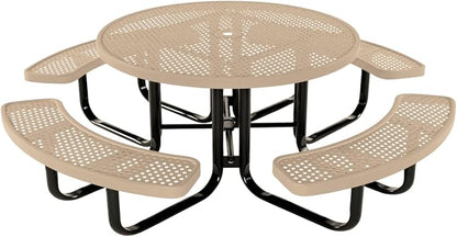 COATEDOUTDOORFURNITURE Heavy-Duty Portable Outdoor Kids Table with Umbrella Hole, Punched Steel Kids Picnic Table, Commercial-Grade, Made in America (46 in, Round, Childrens, Tan)