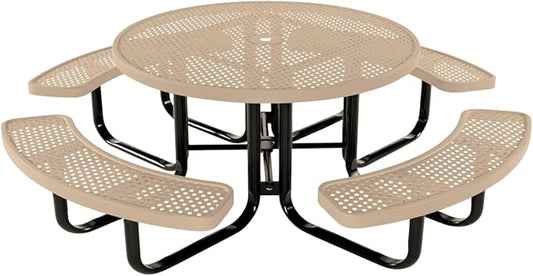 COATEDOUTDOORFURNITURE Heavy-Duty Portable Outdoor Kids Table with Umbrella Hole, Punched Steel Kids Picnic Table, Commercial-Grade, Made in America (46 in, Round, Childrens, Tan)