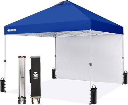 CROWN SHADES 10x10 Pop Up Canopy with 1 Side Wall - Beach Tent with One Push Setup - Outdoor Sun Shade for Events, Parties, Camping - Gazebo with STO-N-Go Cover Bag (Navy Blue)